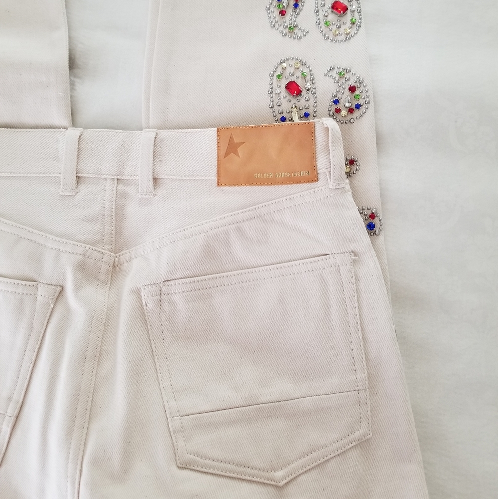 Golden Goose Texas Paisley Embroidery Ivory Straight Raw-Cut Crop Jeans … - Picture 7 of 14